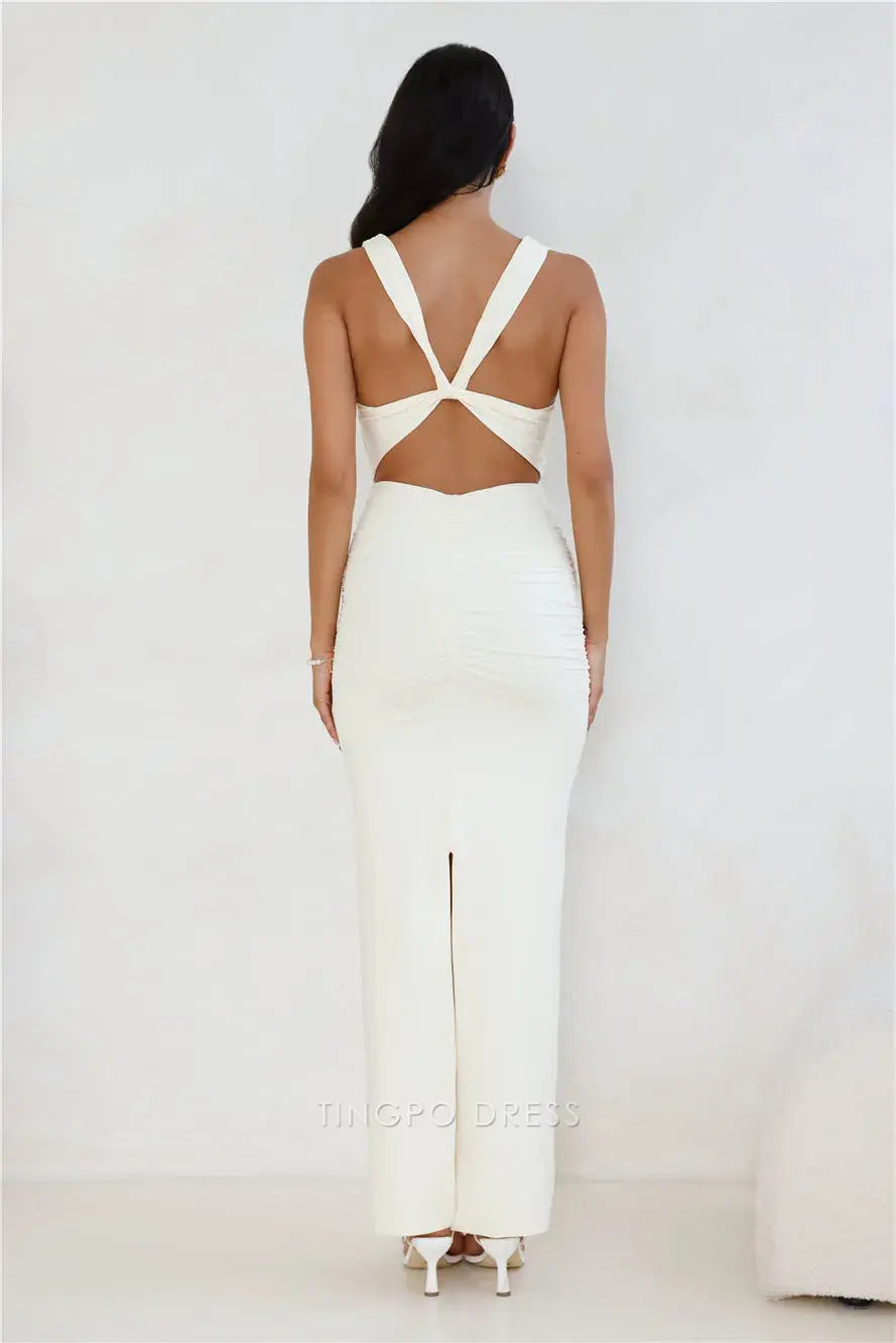 Elegant Cowl Neck Ruched Maxi Dress with Open Back Prom Dress